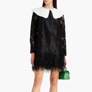 Ganni Faux feather-embellished brocade mini dress